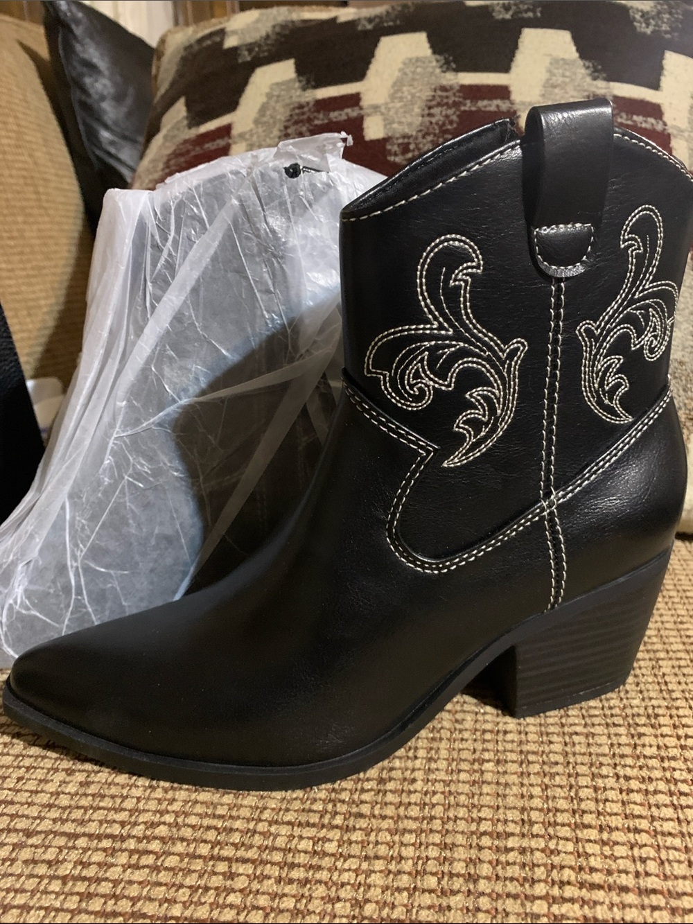 Old Navy Black Ankle Western Booties with Contrast Stitching